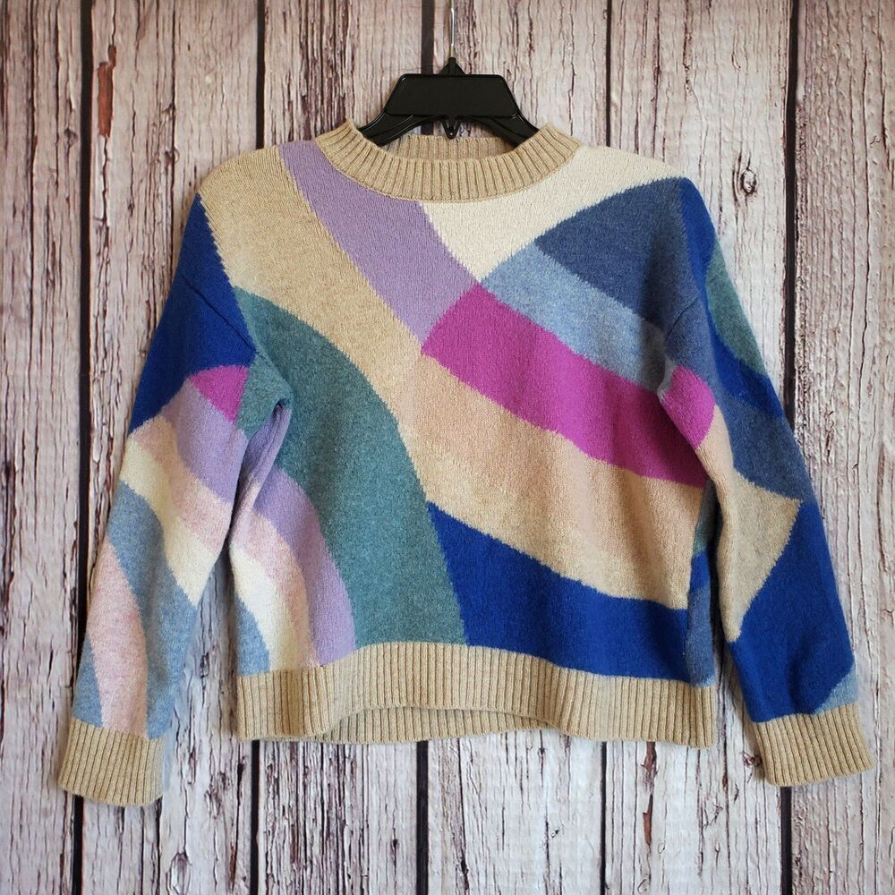 Woolovers 100% Lambswool Crew Sweater Womens Small Diagnol Color Block